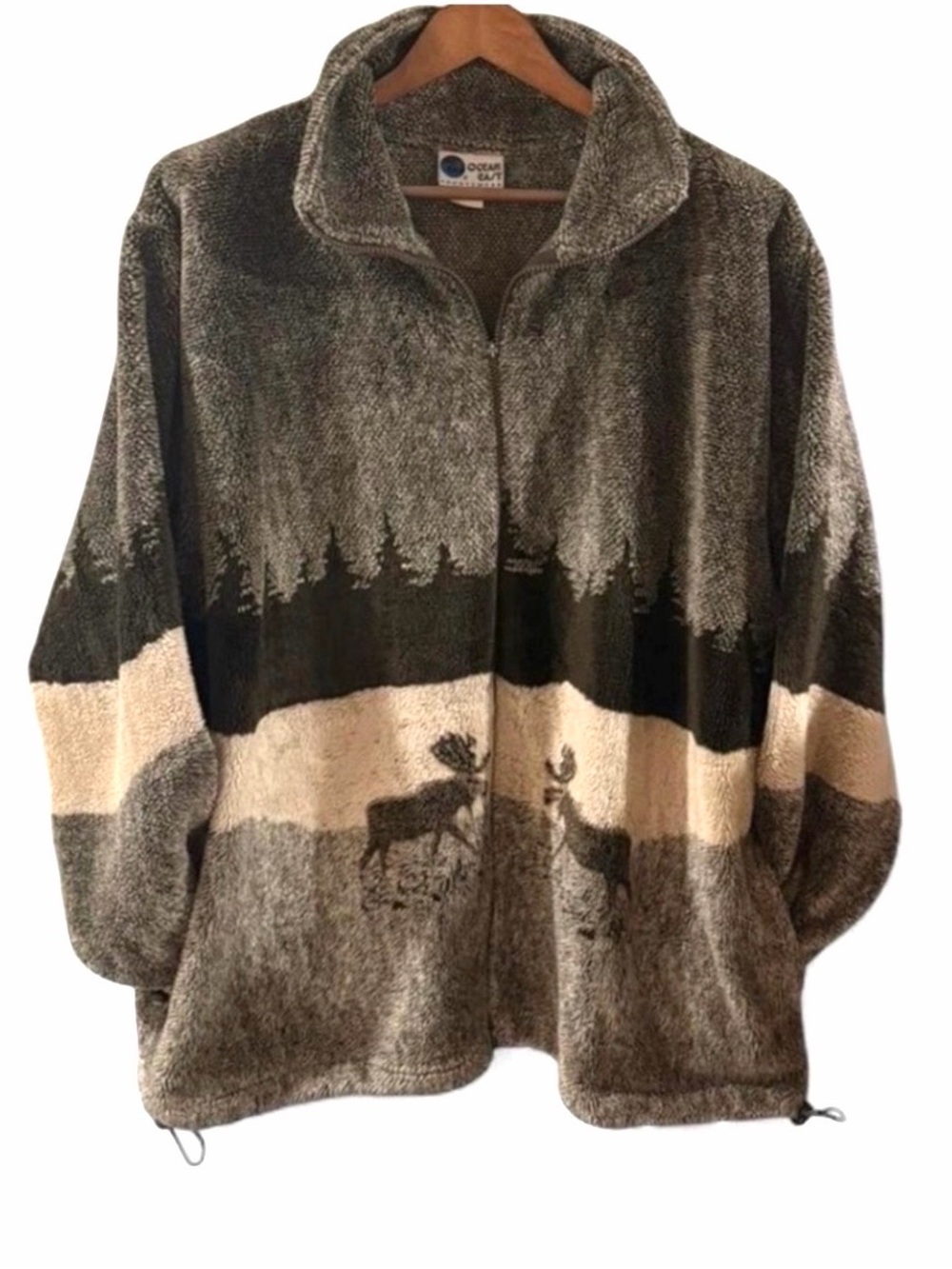 VTG Brown Moose Pattern Zip-Up Fleece Jacket Size Men’s L/XL